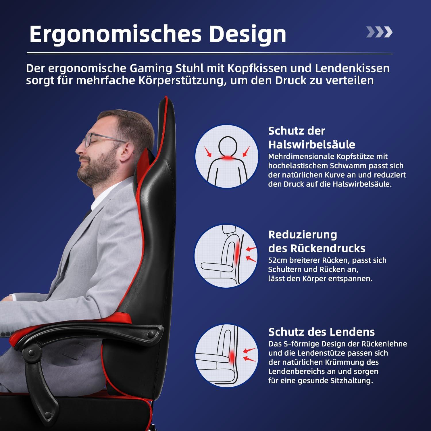Ergonomischer Gaming Stuhl gepolstert mit Fußstütze, rot