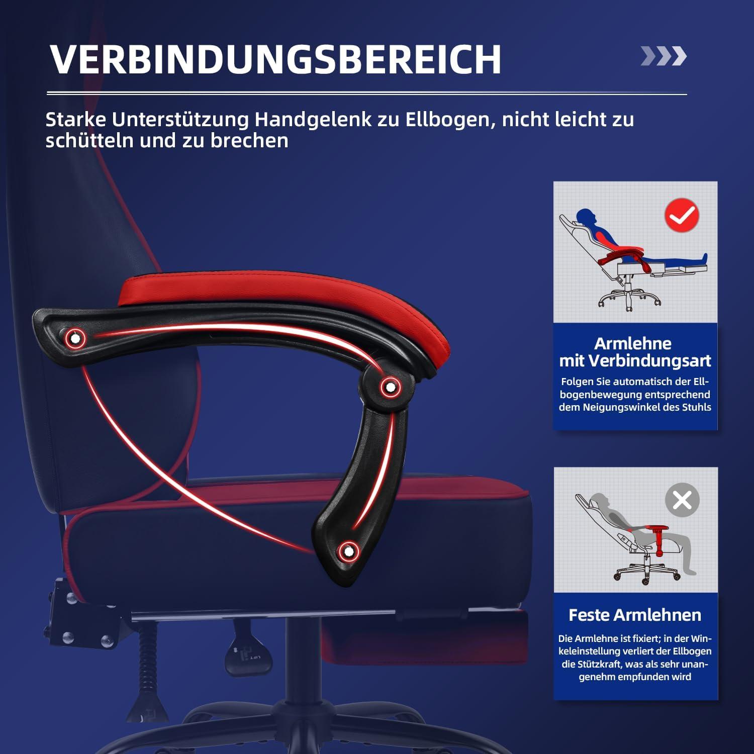 Gaming Stuhl Bürostuhl Ergonomisch mit Fußstütze Kopfstütze Lendenstütze 150 kg - Rot
