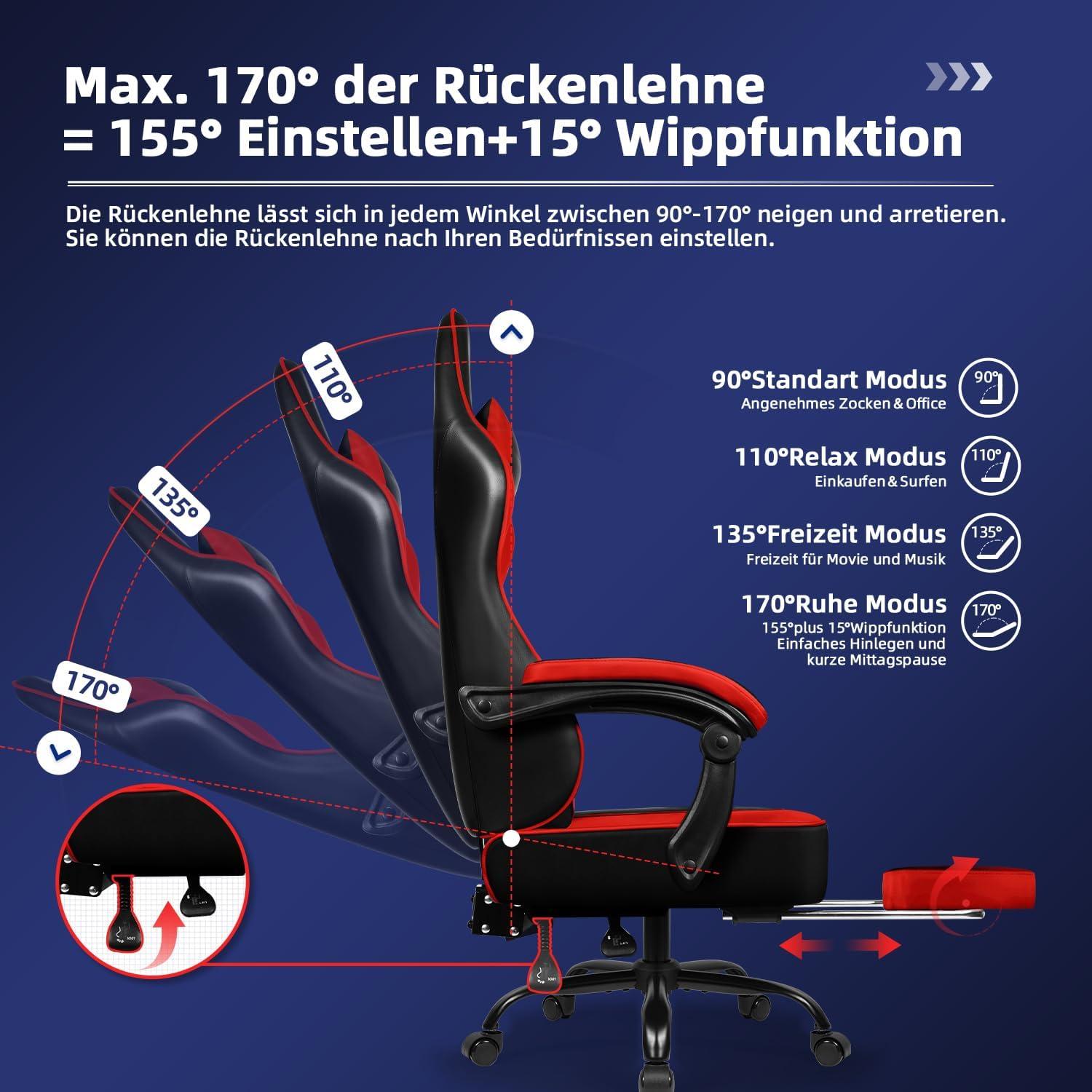 minnouat Gaming Stuhl Bürostuhl Ergonomisch Fußstütze Kopfstütze