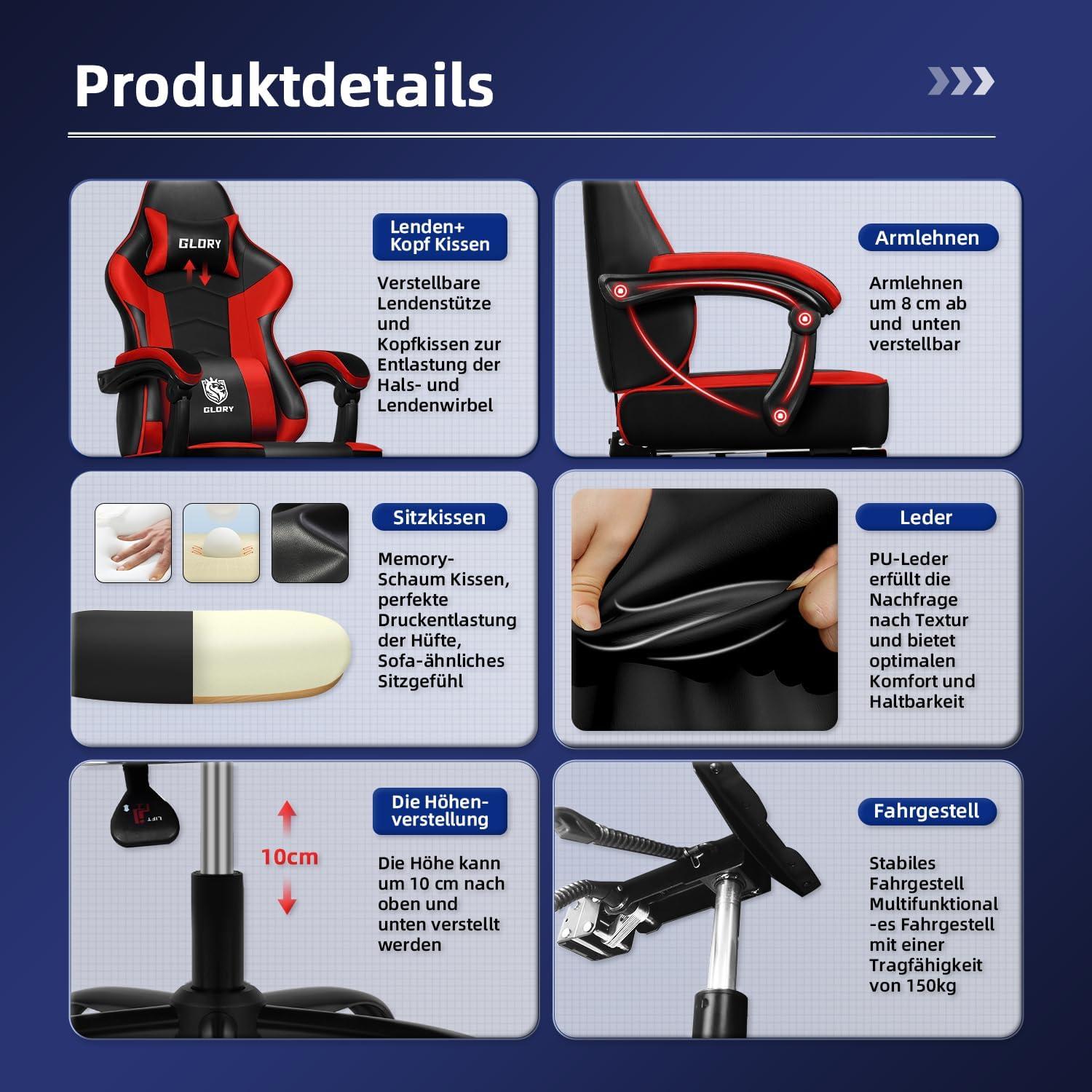 Gaming Stuhl Bürostuhl Ergonomisch höhenverstellbar gepolstert 150 kg