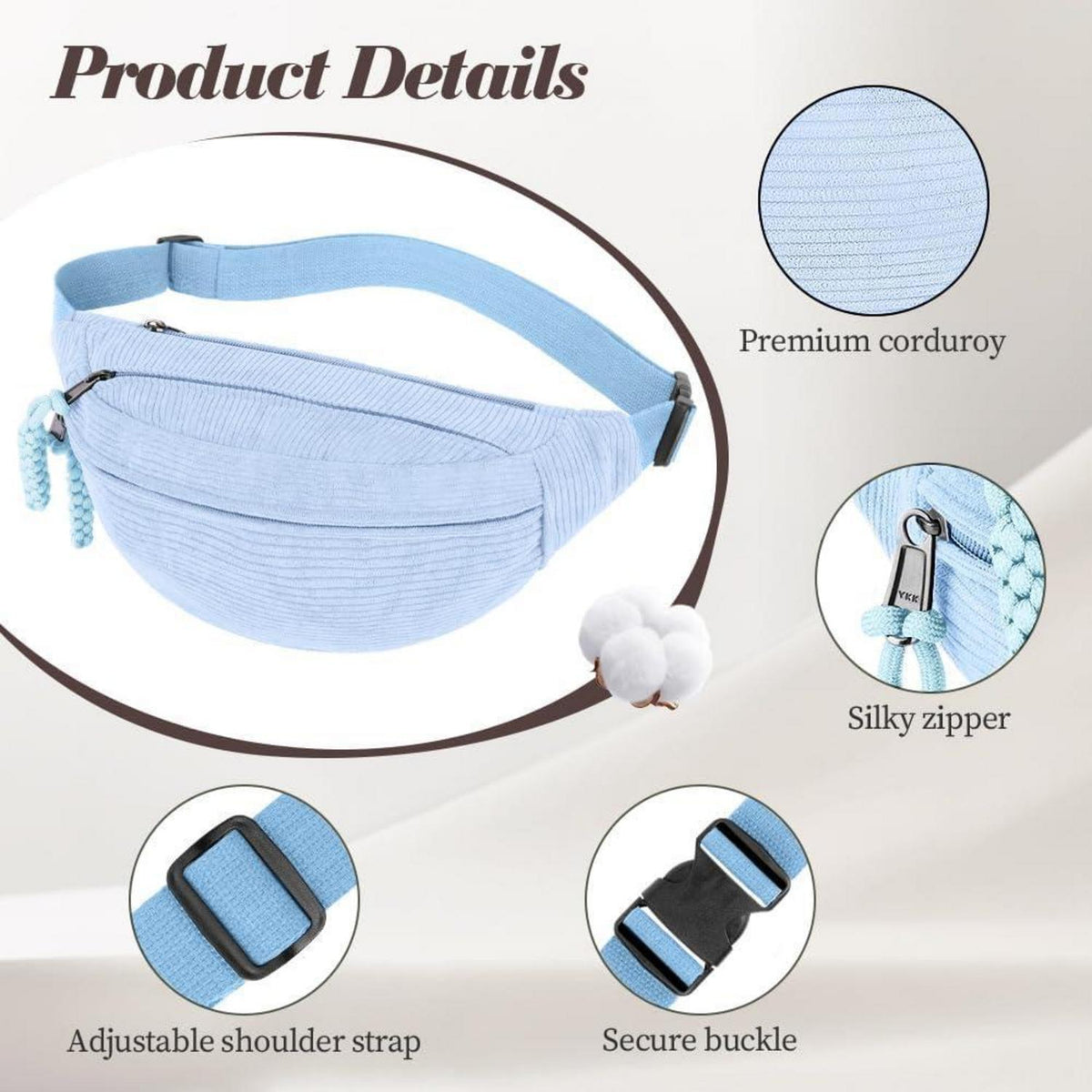 Cord Bauchtasche Damen, Umhängetasche mit großem Fach, Blau