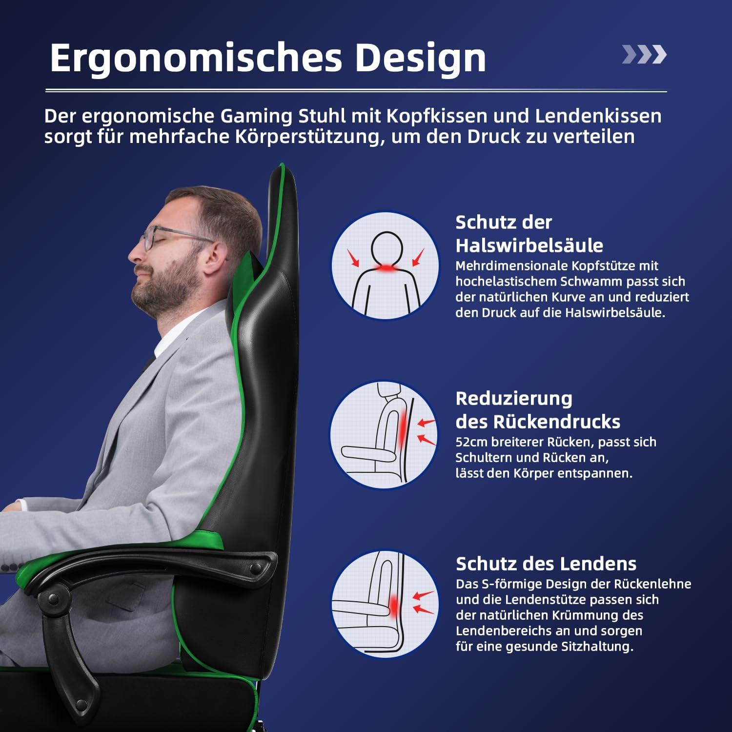 Ergonomischer Gaming Stuhl mit Teleskopischer Fußstütze - Grün