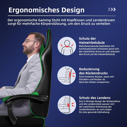 Ergonomischer Gaming Stuhl mit Teleskopischer Fußstütze - Grün