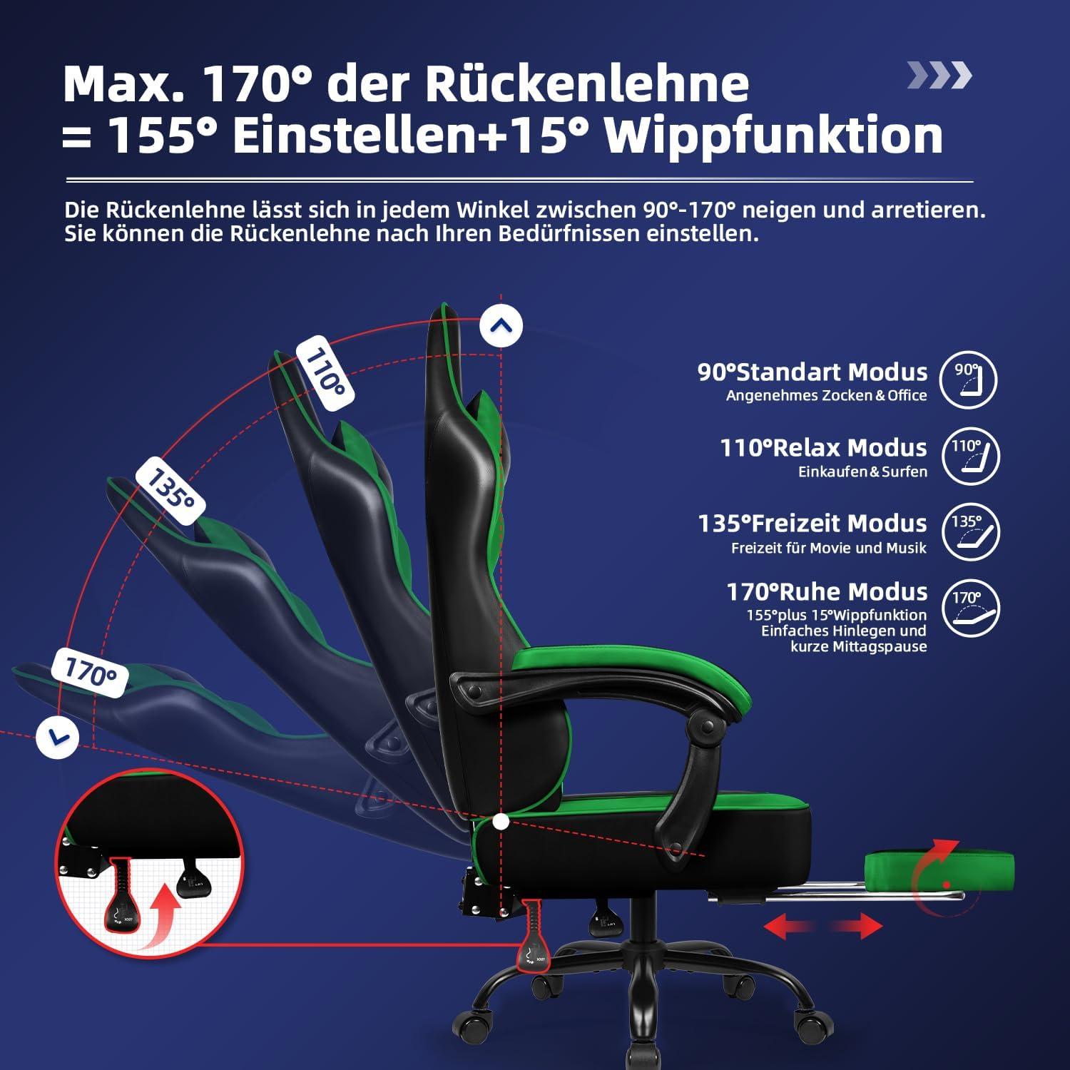 Gaming Stuhl Bürostuhl Ergonomisch mit Fußstütze Grün 150 kg