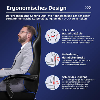 Ergonomischer Gaming Stuhl mit Fußstütze und Kopfstütze