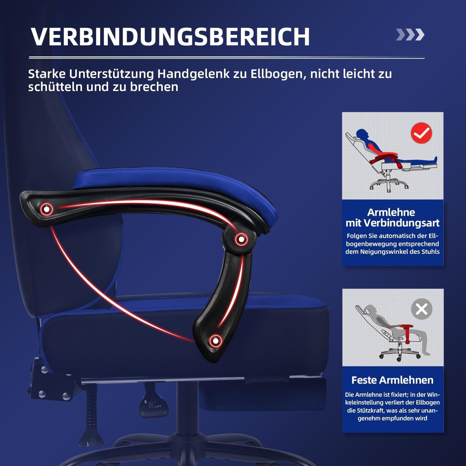 Gaming Stuhl ergonomisch mit Fußstütze Blau 150 kg - höhenverstellbarer Gamer Stuhl