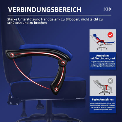 Gaming Stuhl ergonomisch mit Fußstütze Blau 150 kg - höhenverstellbarer Gamer Stuhl