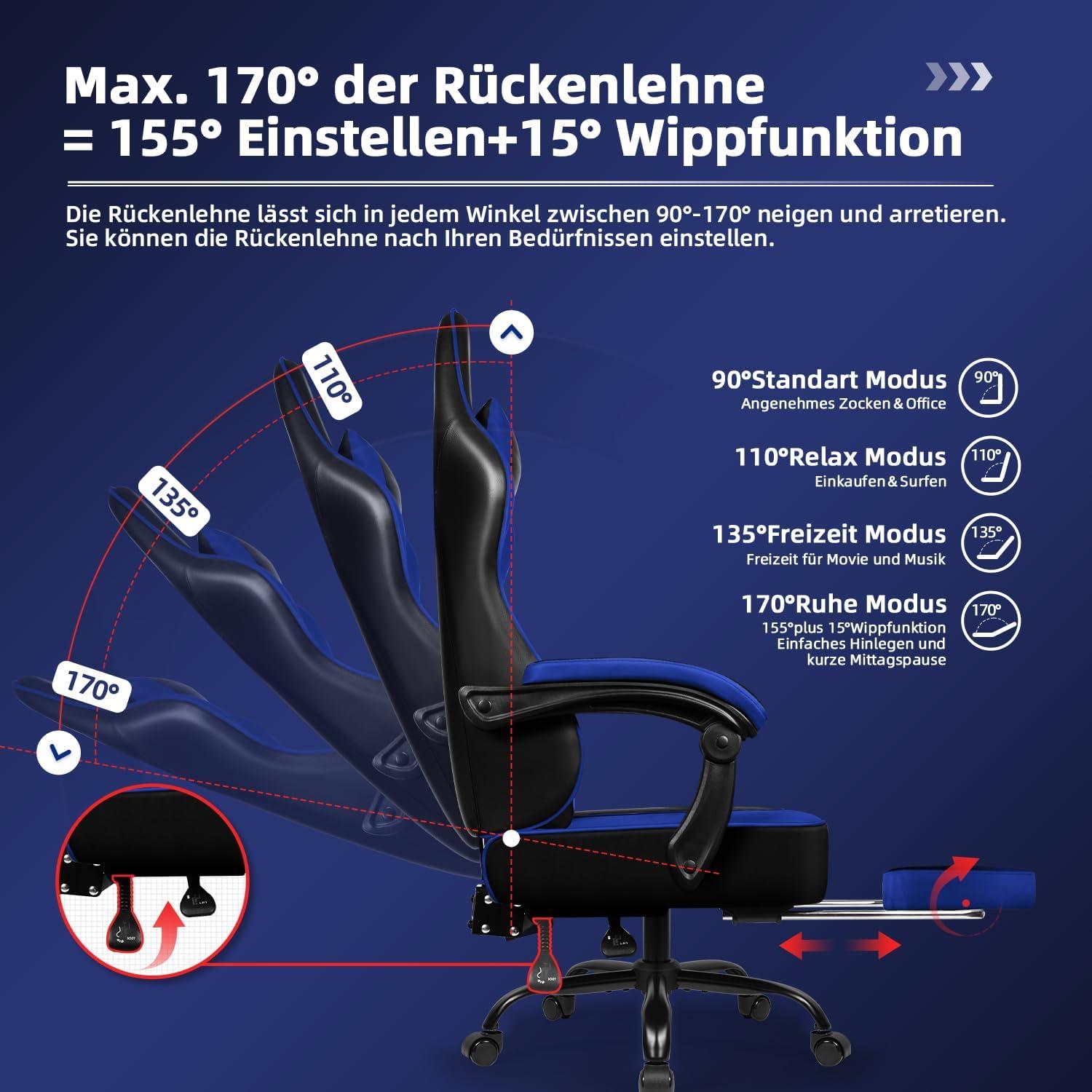 Ergonomischer Gaming Stuhl mit Fußstütze Kopf- und Lendenstütze Blau