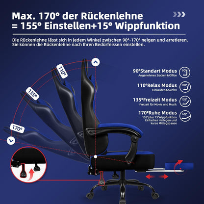 Ergonomischer Gaming Stuhl mit Fußstütze Kopf- und Lendenstütze Blau