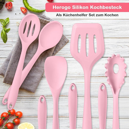 8-teiliges Silikon Küchenhelfer Set Rosa, Hitzebeständig & Spülmaschinenfest