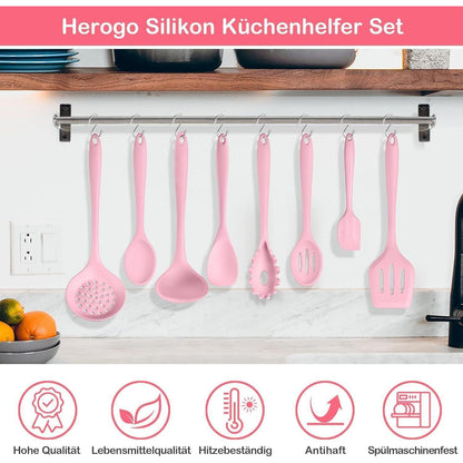 8-teiliges Silikon Küchenhelfer Set Rosa, Hitzebeständig & Spülmaschinenfest