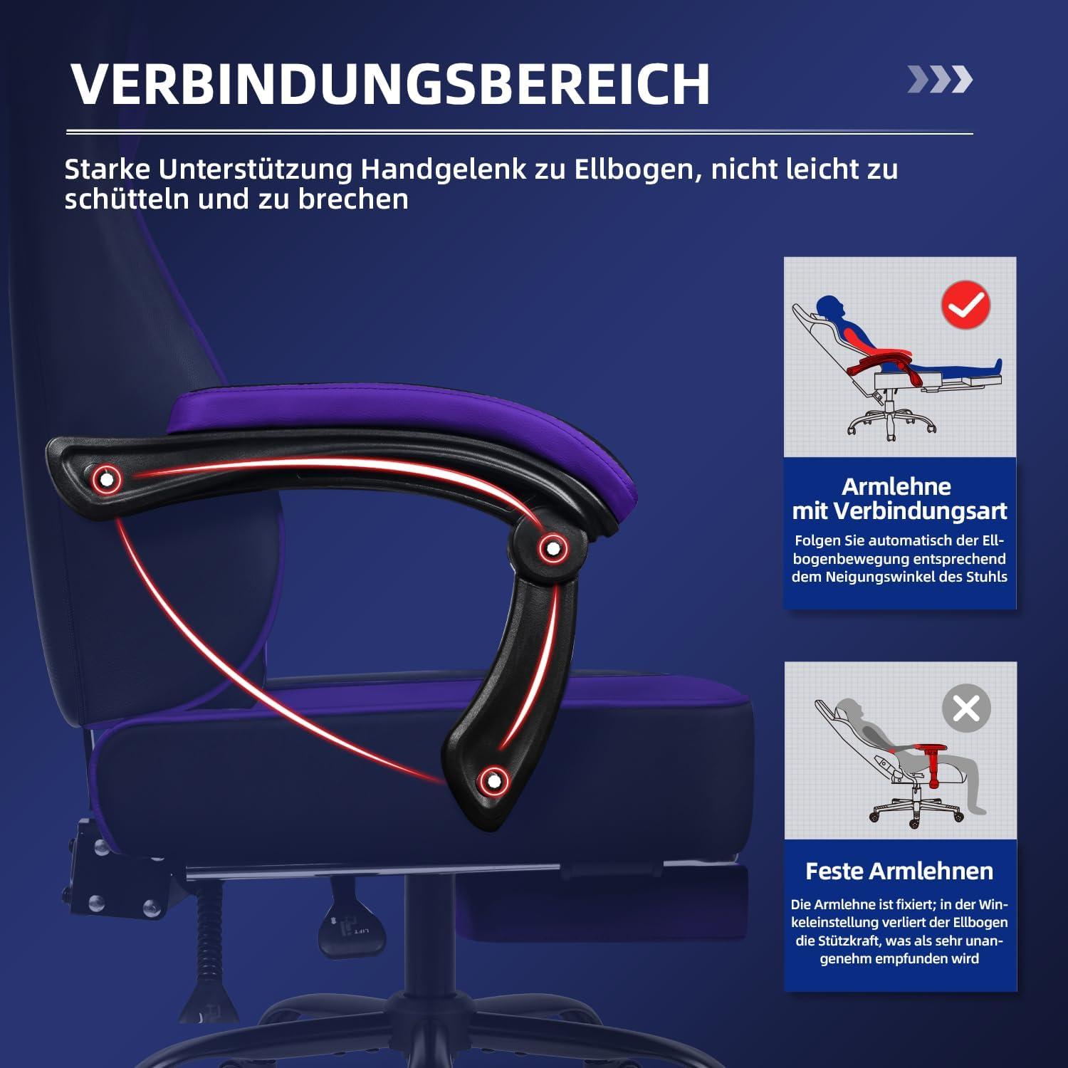 Ergonomischer Gaming Stuhl mit Fußstütze, Kopfstütze lila