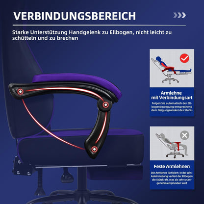 Ergonomischer Gaming Stuhl mit Fußstütze, Kopfstütze lila