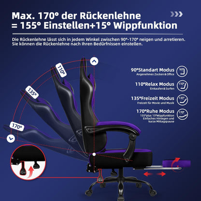Ergonomischer Gaming Stuhl Bürostuhl mit Fußstütze Lila 150kg