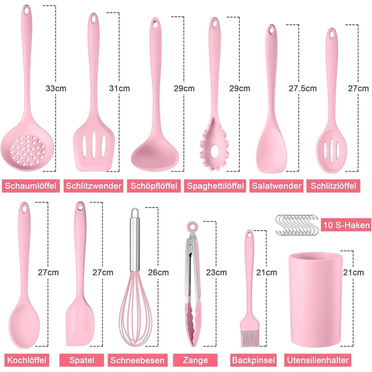 22-teiliges Silikon Küchenhelfer Set, Hitzebeständig, Pink Rosa