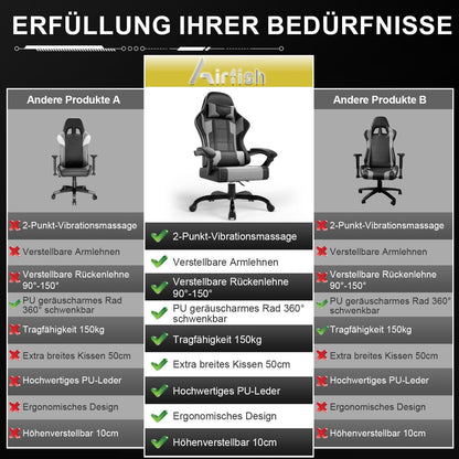 Ergonomischer Gaming Stuhl mit Massage und Kopfstütze, Grau