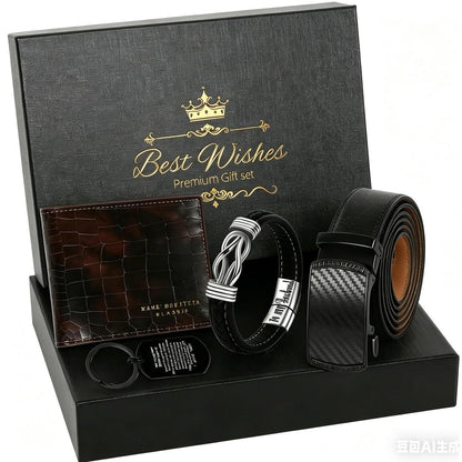 Geschenkset Herren: Gürtel, Brieftasche, Armband & Schlüsselanhänger