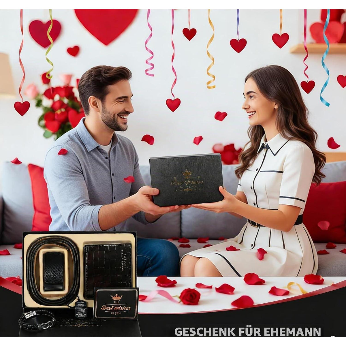 Geschenkset Herren: Gürtel, Brieftasche, Armband & Schlüsselanhänger