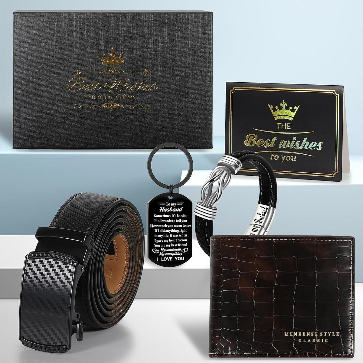 Geschenkset Herren: Gürtel, Brieftasche, Armband & Schlüsselanhänger