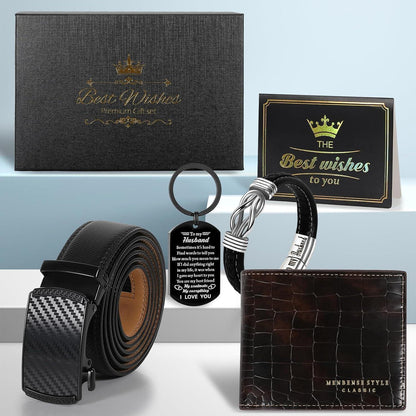 Geschenkset für Ihn: Gürtel, Brieftasche, Armband & Schlüsselanhänger