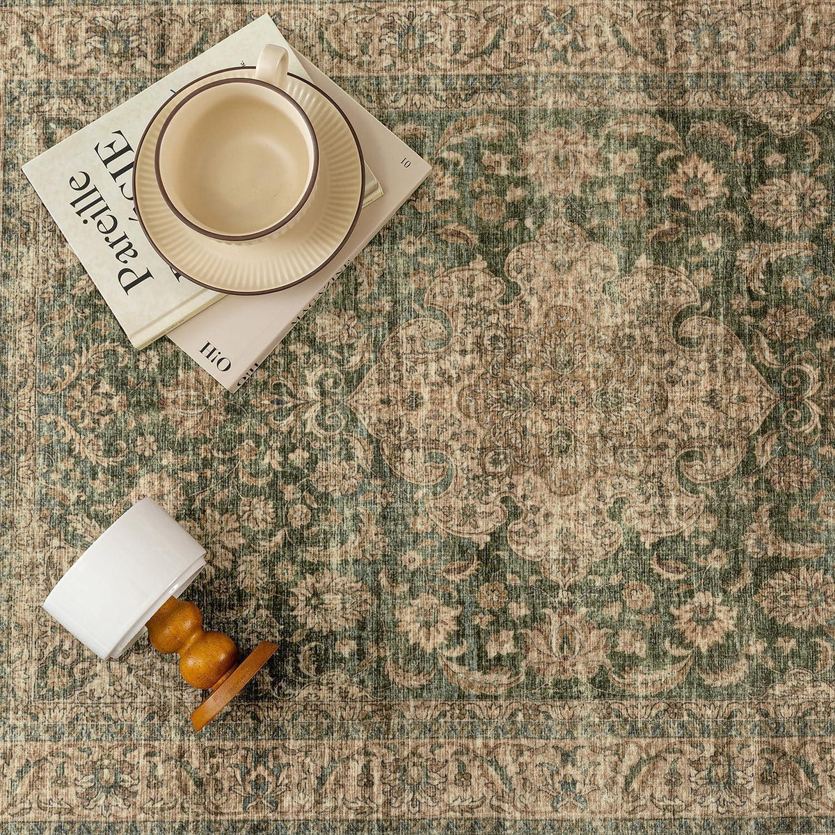 Vintage Teppich Grün 140x200cm Waschbar | Wohnzimmer Teppich