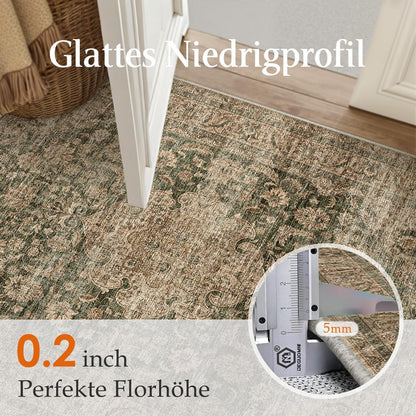 Vintage Teppich Grün 140x200cm Waschbar | Wohnzimmer Teppich