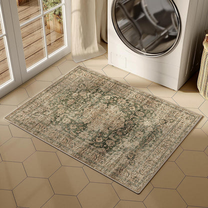 Vintage Fußmatte Teppich Grün 60x90cm Waschbar Retro Design