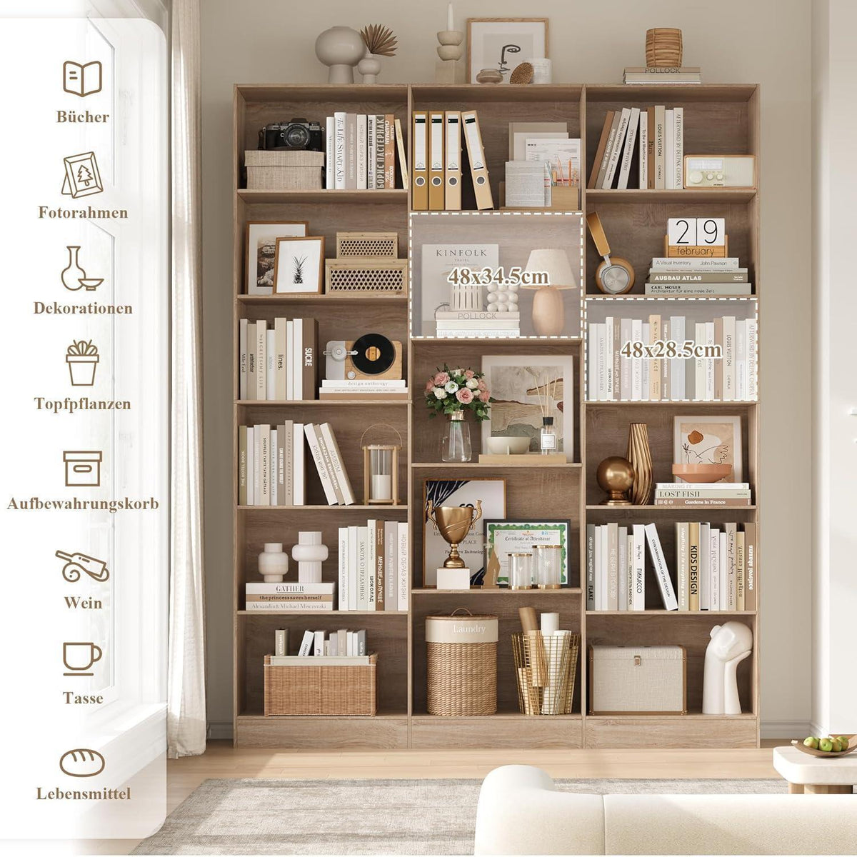 Bücherregal 188 cm mit 17 Fächern | Eiche | Standregal & Aufbewahrung