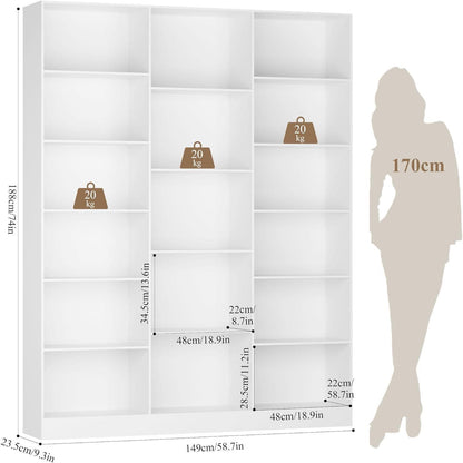 Bücherregal 188 cm mit 17 Fächern – Weißes Standregal für Wohnzimmer