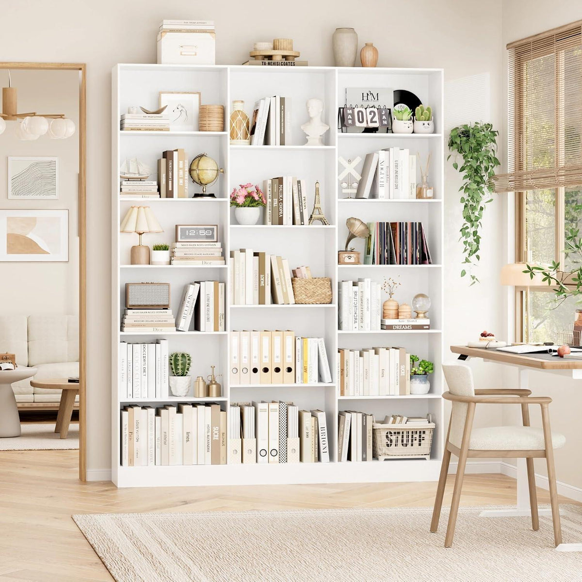 Bücherregal 188 cm mit 17 Fächern – Weißes Standregal für Wohnzimmer