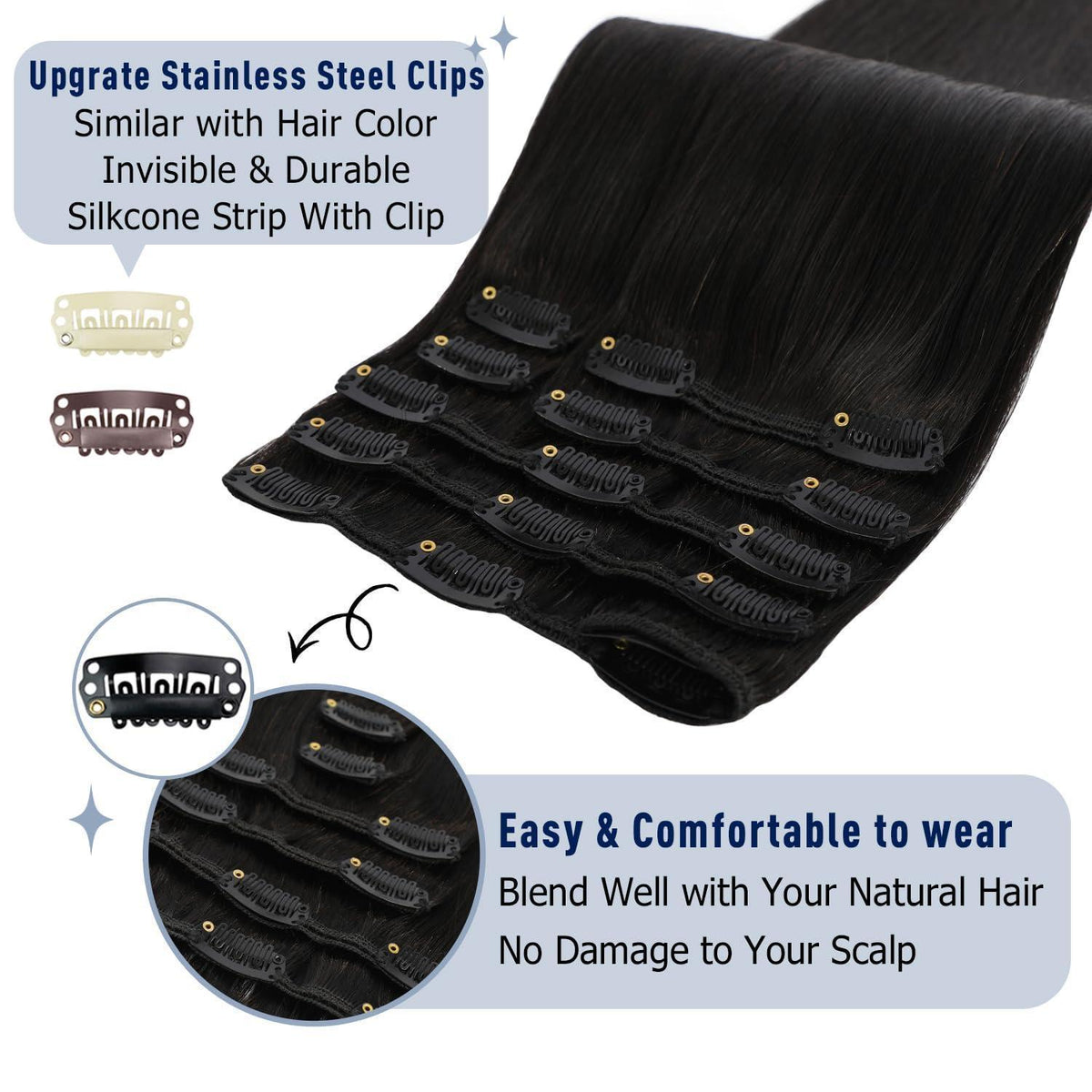 Echthaar Clip-In Extension Schwarz 45cm – 80g
