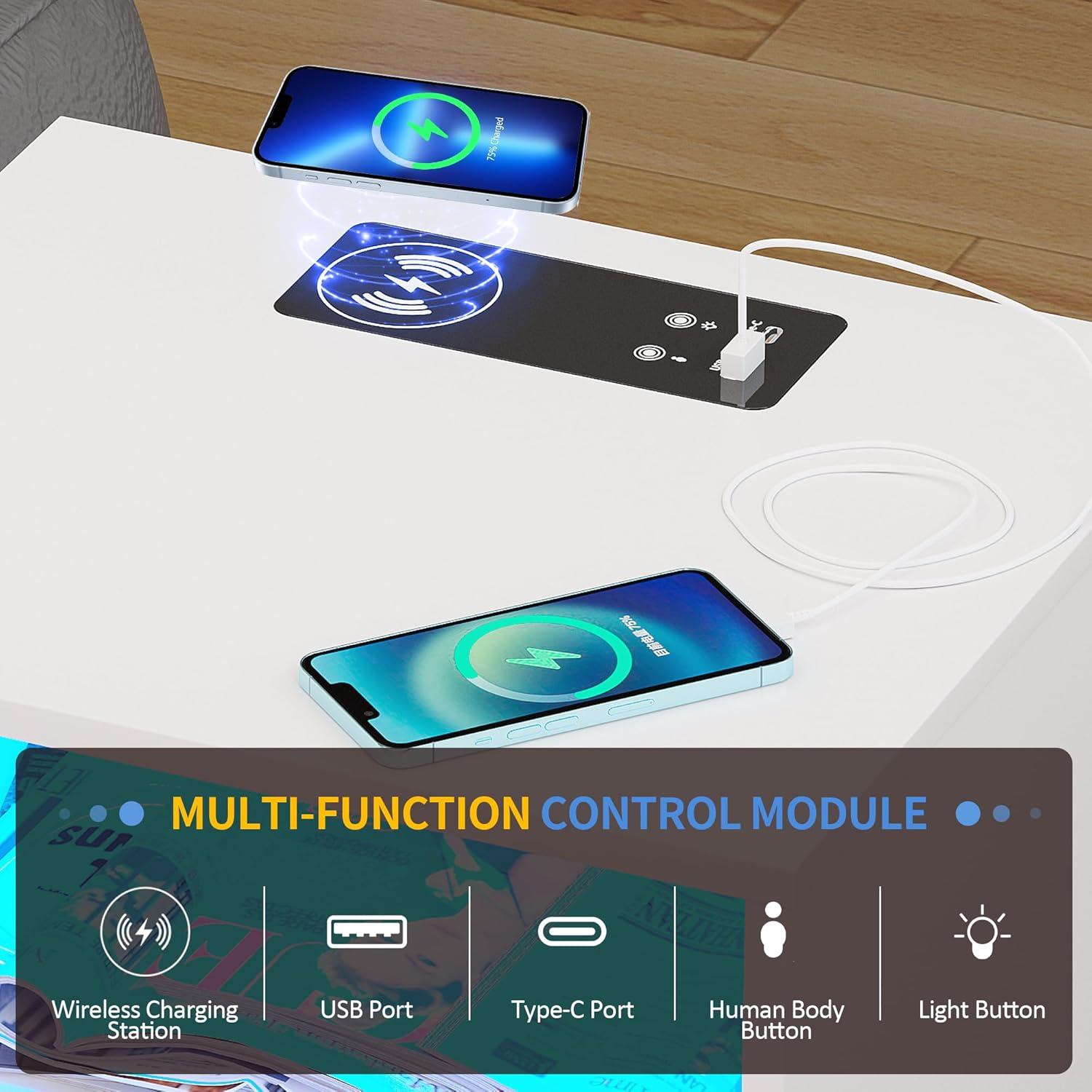 LED Nachttisch 2er Set Weiß mit Ladestation und 3 Farben Licht