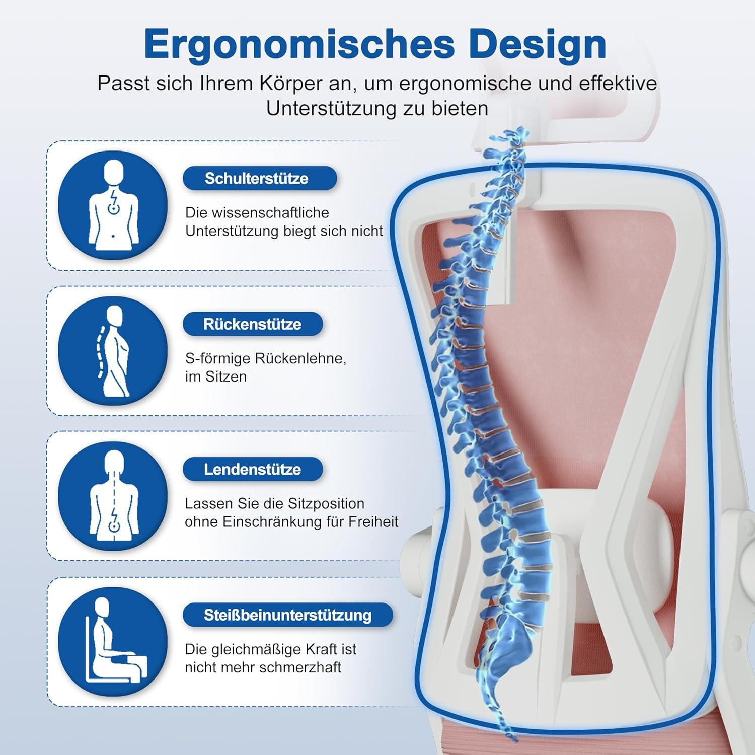 Bürostuhl Ergonomisch Verstellbarer Kopfstütze Armlehnen Lendenwirbelstütze Wippfunktion Chefsessel 150kg Rosa