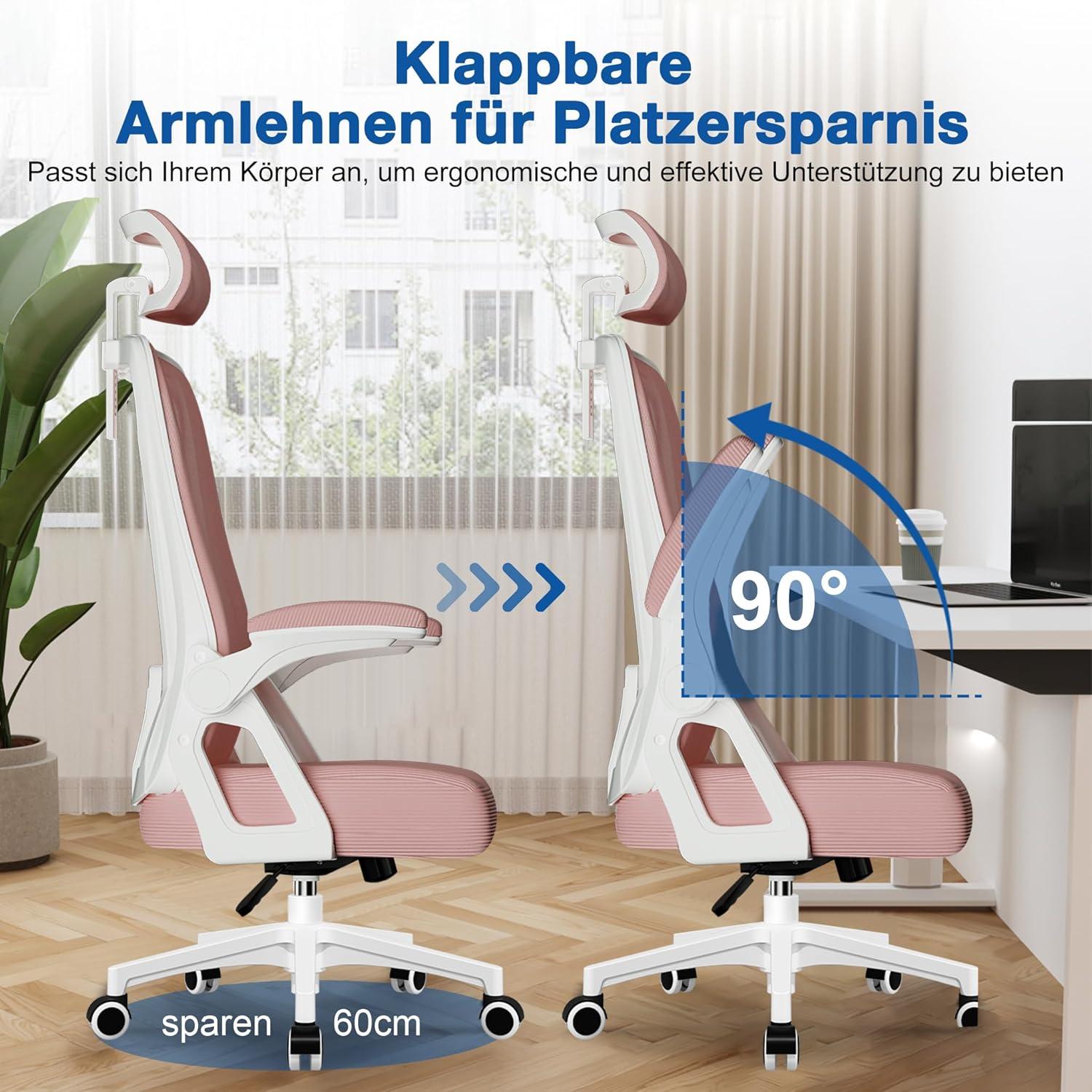 Bürostuhl Ergonomisch Verstellbarer Kopfstütze Armlehnen Lendenwirbelstütze Wippfunktion Chefsessel 150kg Rosa