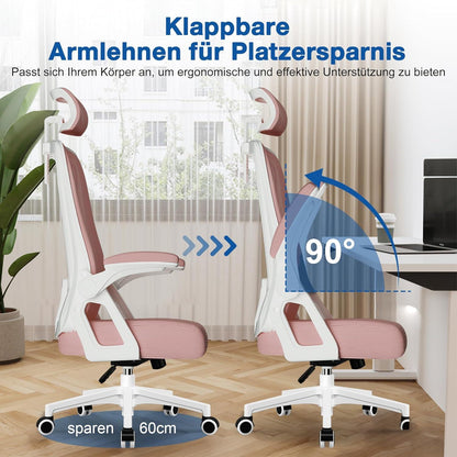Bürostuhl Ergonomisch Verstellbarer Kopfstütze Armlehnen Lendenwirbelstütze Wippfunktion Chefsessel 150kg Rosa