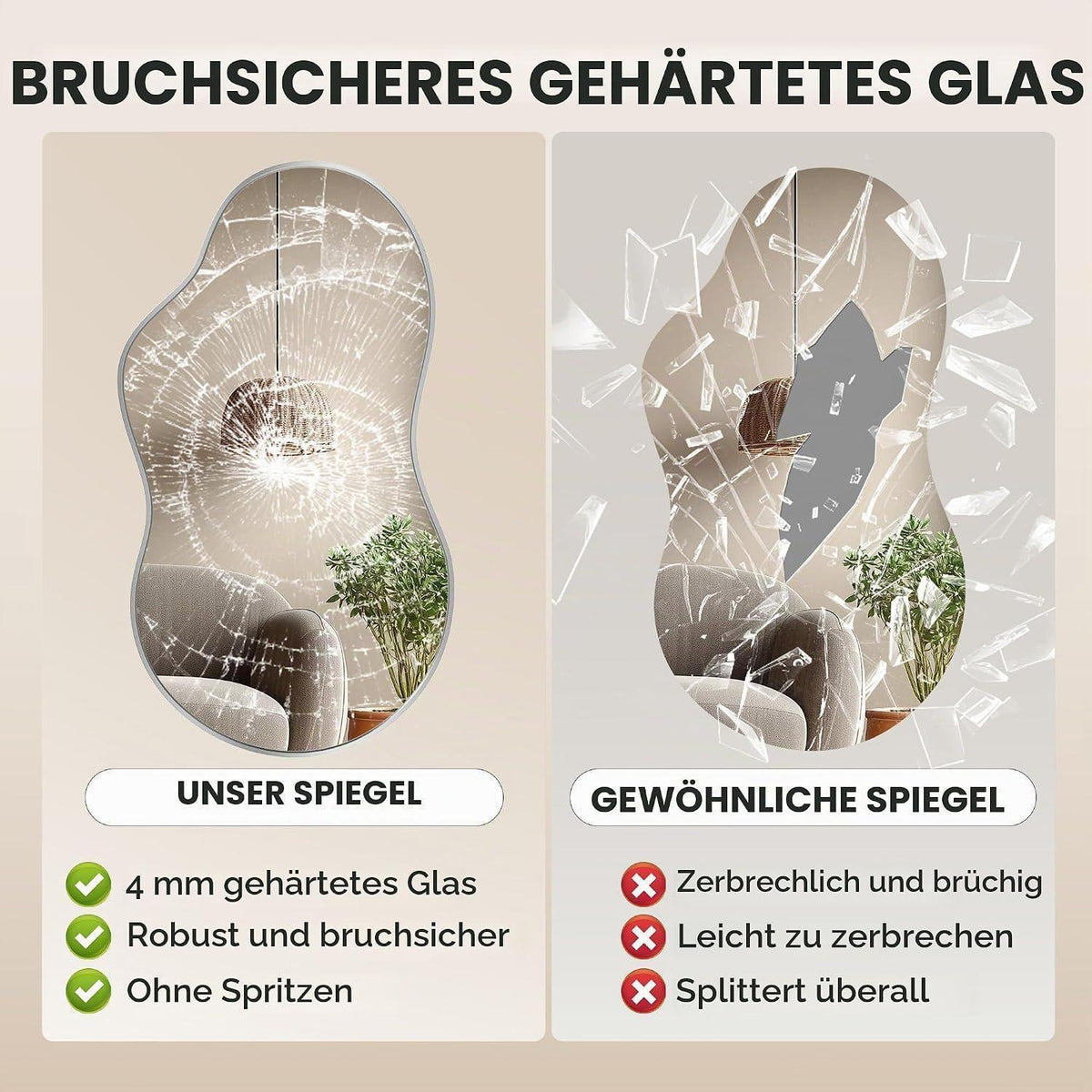Asymmetrischer Wandspiegel 66x116cm – Dekorativer Silberrahmen Spiegel
