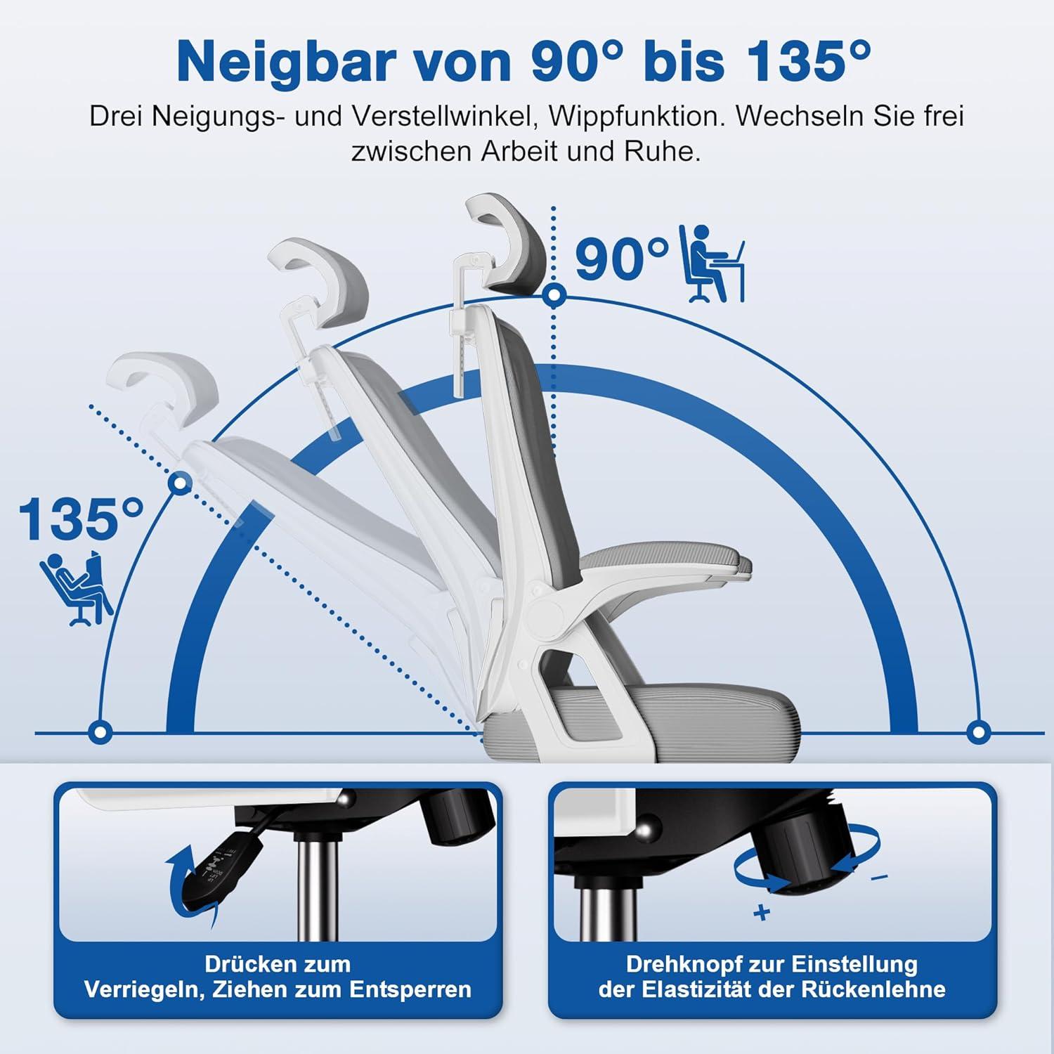 Bürostuhl Ergonomisch Verstellbare Kopfstütze Armlehnen Grau