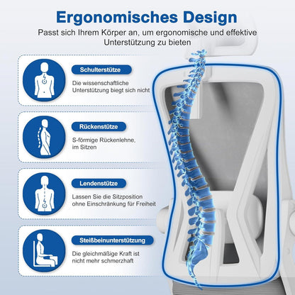 Ergonomischer Bürostuhl mit verstellbarer Lendenwirbelstütze und Wippfunktion bis 135°, Grau