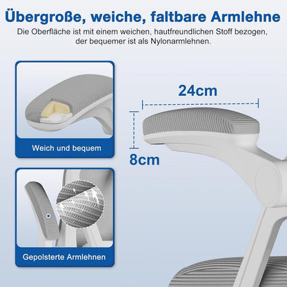 Ergonomischer Bürostuhl mit Verstellbarer Kopfstütze Armlehnen Grau