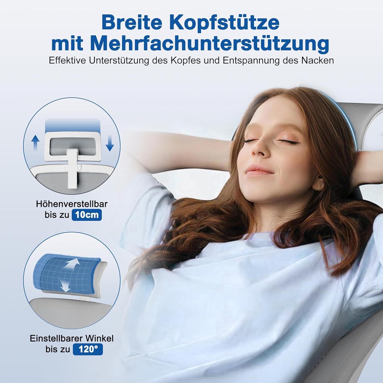 Ergonomischer Bürostuhl mit Verstellbarer Kopfstütze Armlehnen Grau