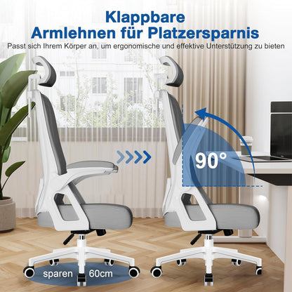 Ergonomischer Bürostuhl mit verstellbarer Lendenwirbelstütze und Wippfunktion bis 135°, Grau