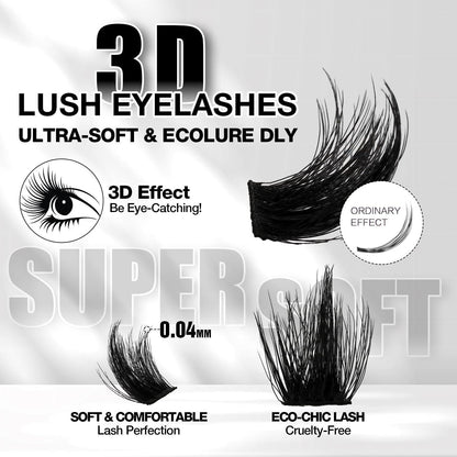 3D Wimpern-Cluster Set mit Bond & Seal – 10-18mm D-Curl