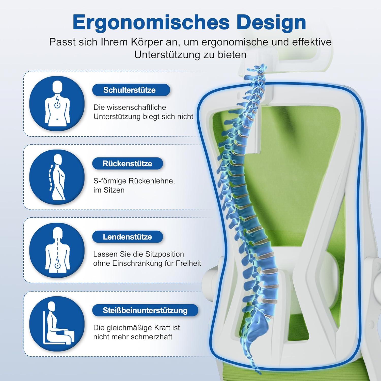 Ergonomischer Bürostuhl mit Wippfunktion, verstellbarer Lendenwirbelstütze, Armlehnen und Kopfstütze, 150kg, Grün
