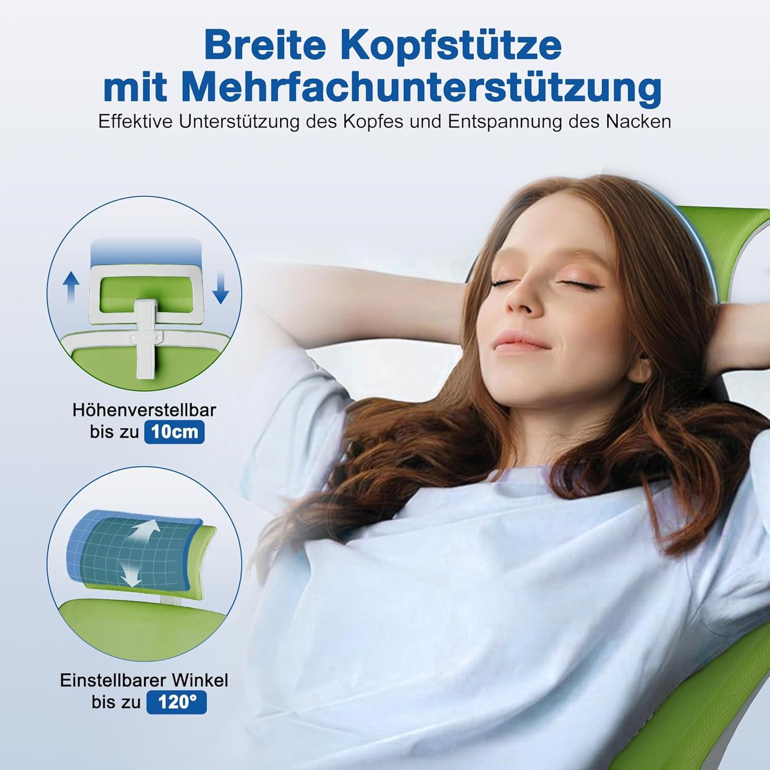 Ergonomischer Bürostuhl mit Wippfunktion, Kopfstütze & Armlehnen, Grün