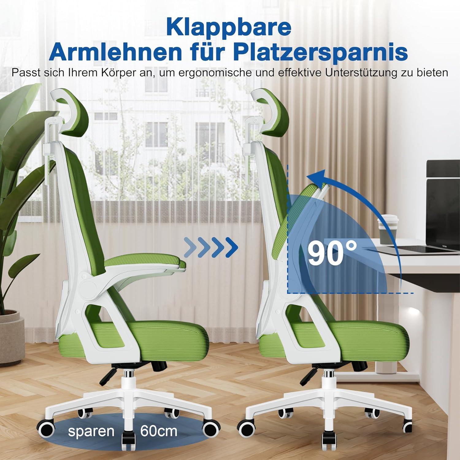 Ergonomischer Bürostuhl mit Wippfunktion, verstellbarer Lendenwirbelstütze, Armlehnen und Kopfstütze, 150kg, Grün