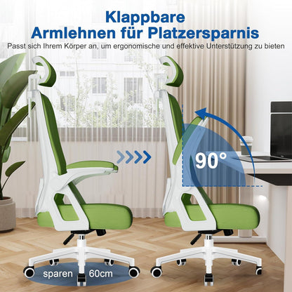 Ergonomischer Bürostuhl mit Wippfunktion, verstellbarer Lendenwirbelstütze, Armlehnen und Kopfstütze, 150kg, Grün