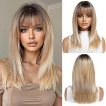 Ombre Blonde Lange Gerade Perücke mit Pony Synthetisches Haar Party