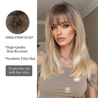 Ombre Blonde Lange Gerade Perücke mit Pony Synthetisches Haar Party