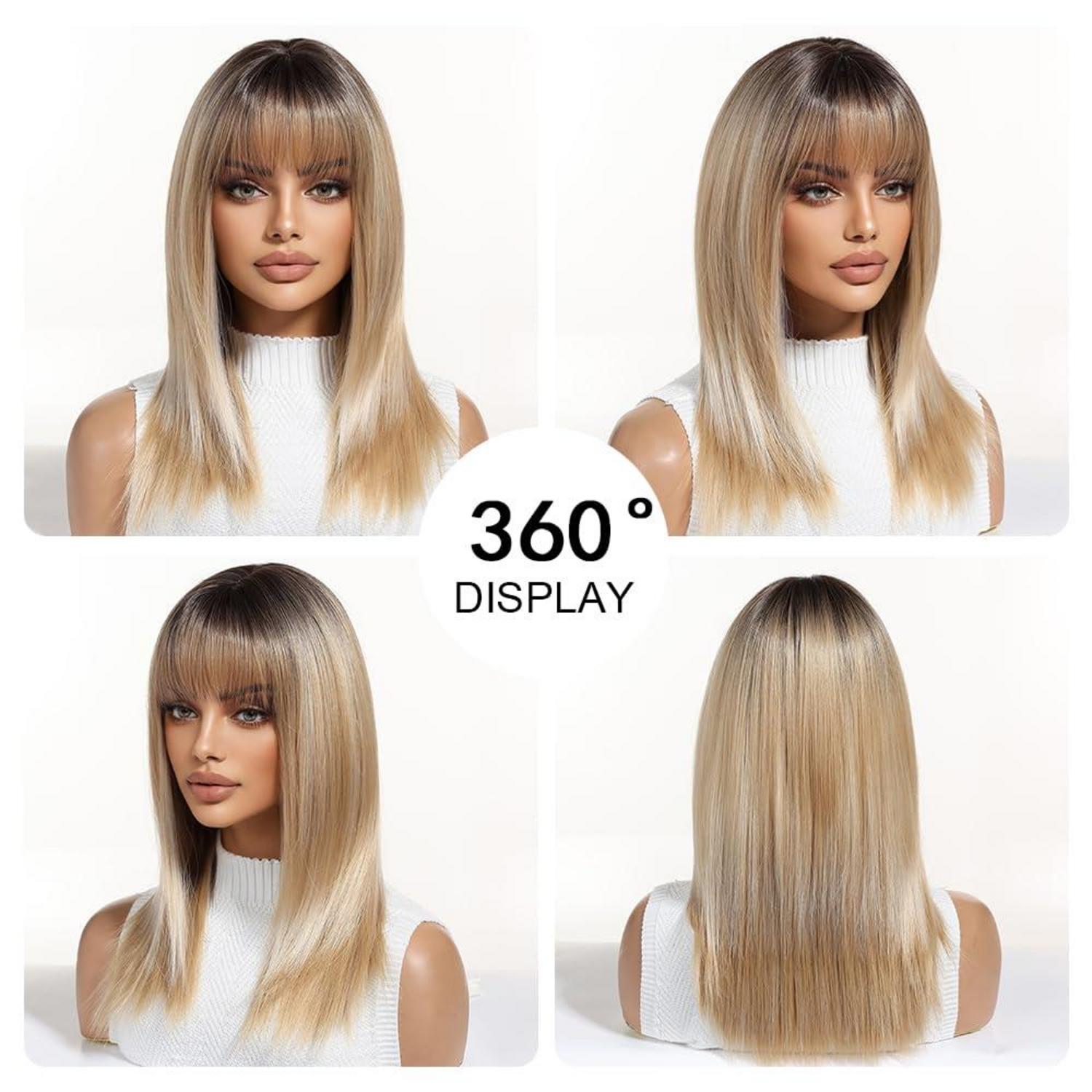 Ombre Blonde Synthetische Perücke für Frauen Mittellang mit Pony