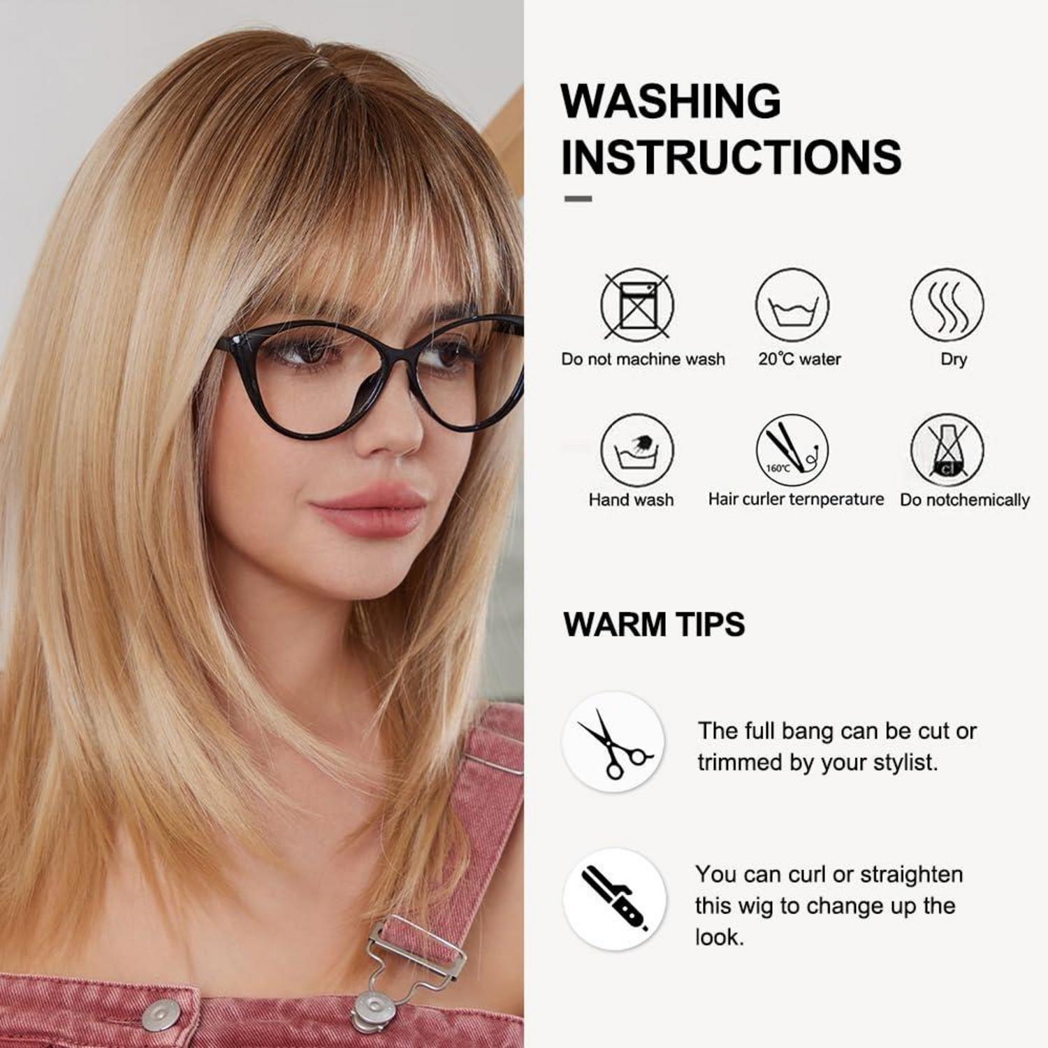 Blonde Ombre Perücke mit Pony für Frauen, Hitzebeständiges Synthetikhaar